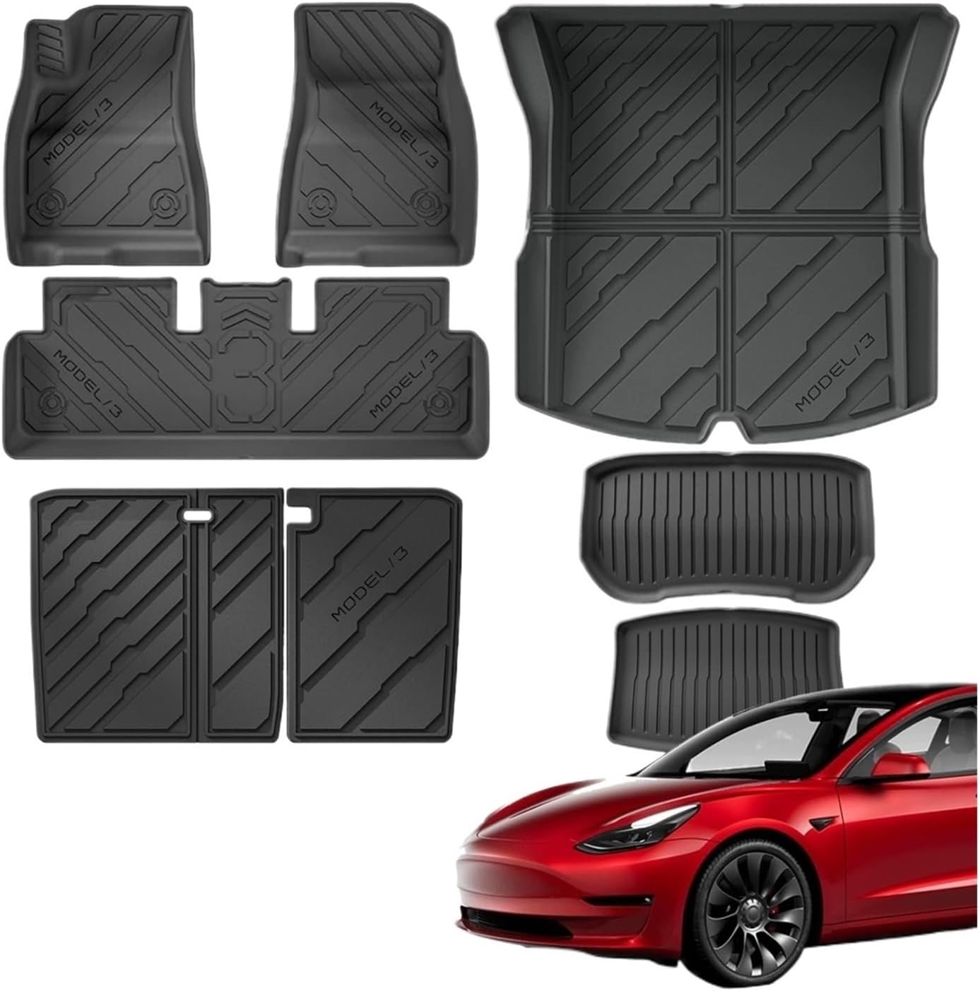TPE Floor Mats & Cargo Liner, 3D Cyber Style Waterproof Anti-Slip Trunk Mat Backrest Mats Compatible with Tesla Model 3 Highland 2024 2025(6PCS LHD Set)