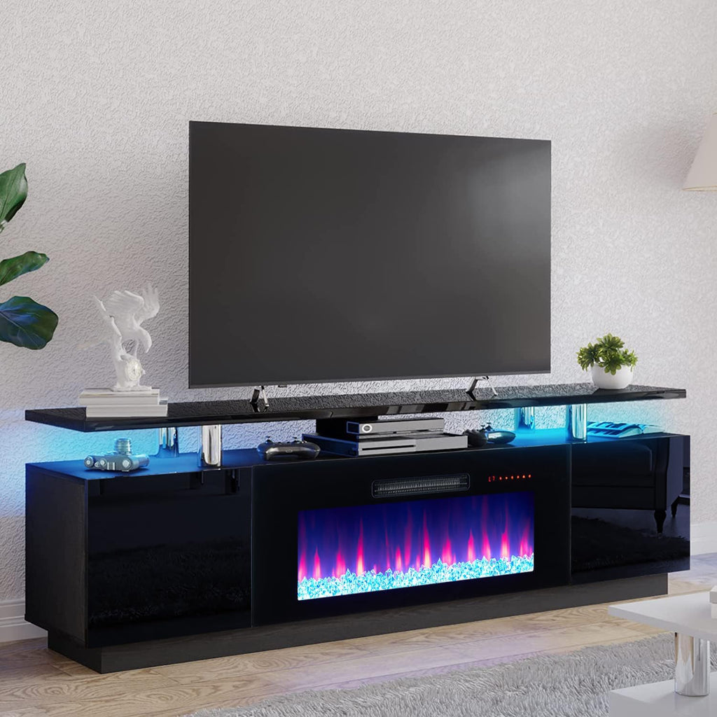 AMERLIFE Fireplace TV Stand with 36' Fireplace, 70' Modern Fireplace Entertainment Center LED Lights, 2 Tier TV Console Cabinet for TVs Up to 80', Obsidian Black