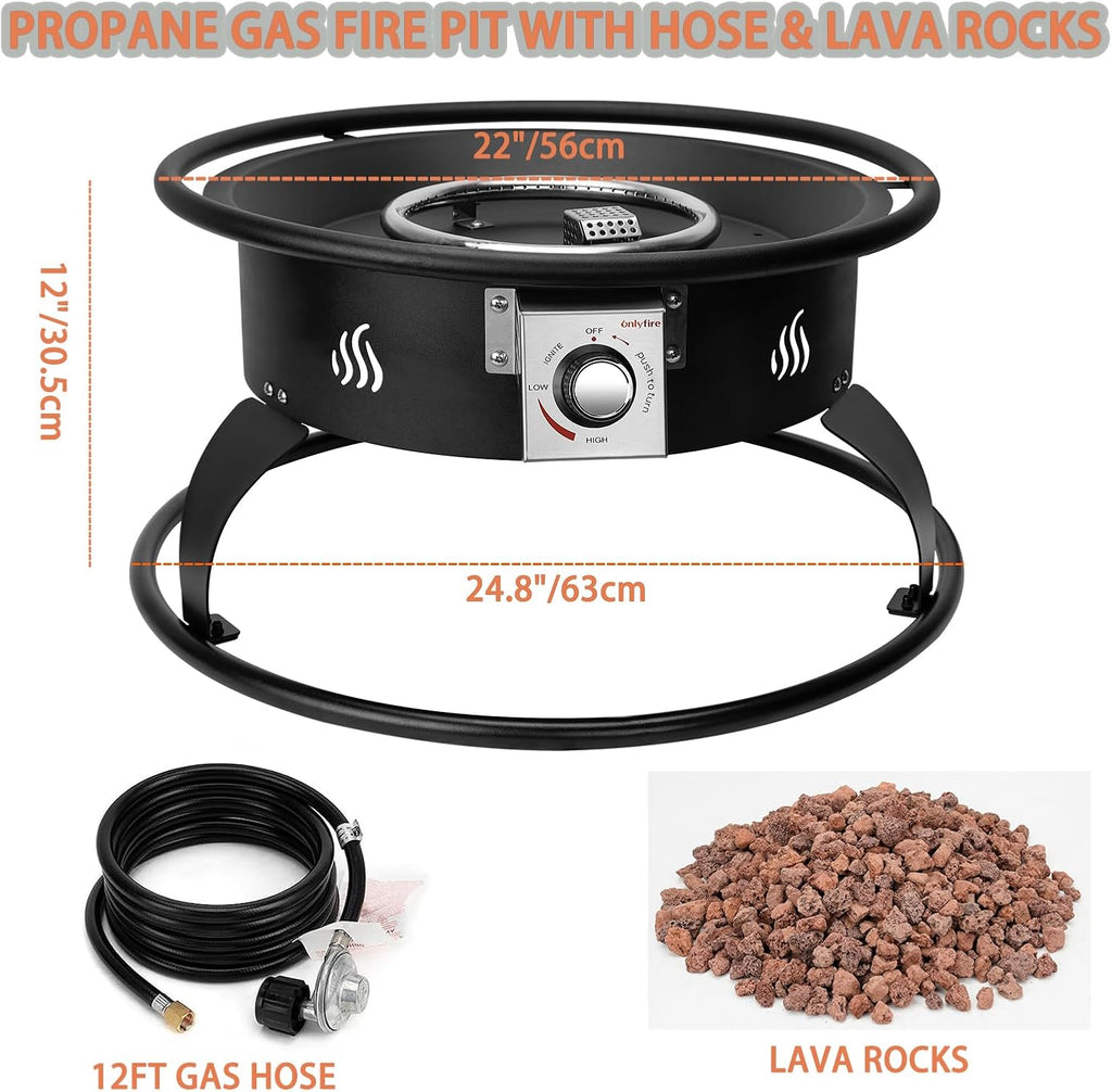 Propane Gas Fire Pit 22¡±, Portable Smokeless Fireplace with 12Ft Hose & Lava Rocks, FirePit for Patio Backyard Bonfire Camping RV Tailgating Beach Party, 55000BTU, #FP001