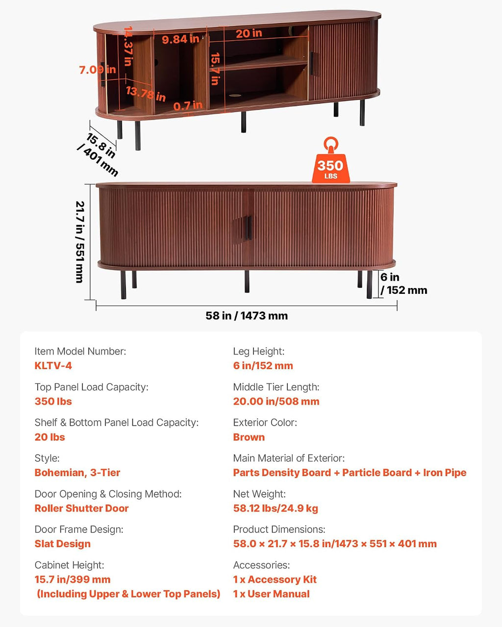 VEVOR Fluted TV Stand for TVs up to 65 inch, Mid-Century Modern Entertainment Center, Boho Media Console with Storage Cabinet & Sliding Tambour Door, Television Stand for Living Room, Bedroom, Walnut