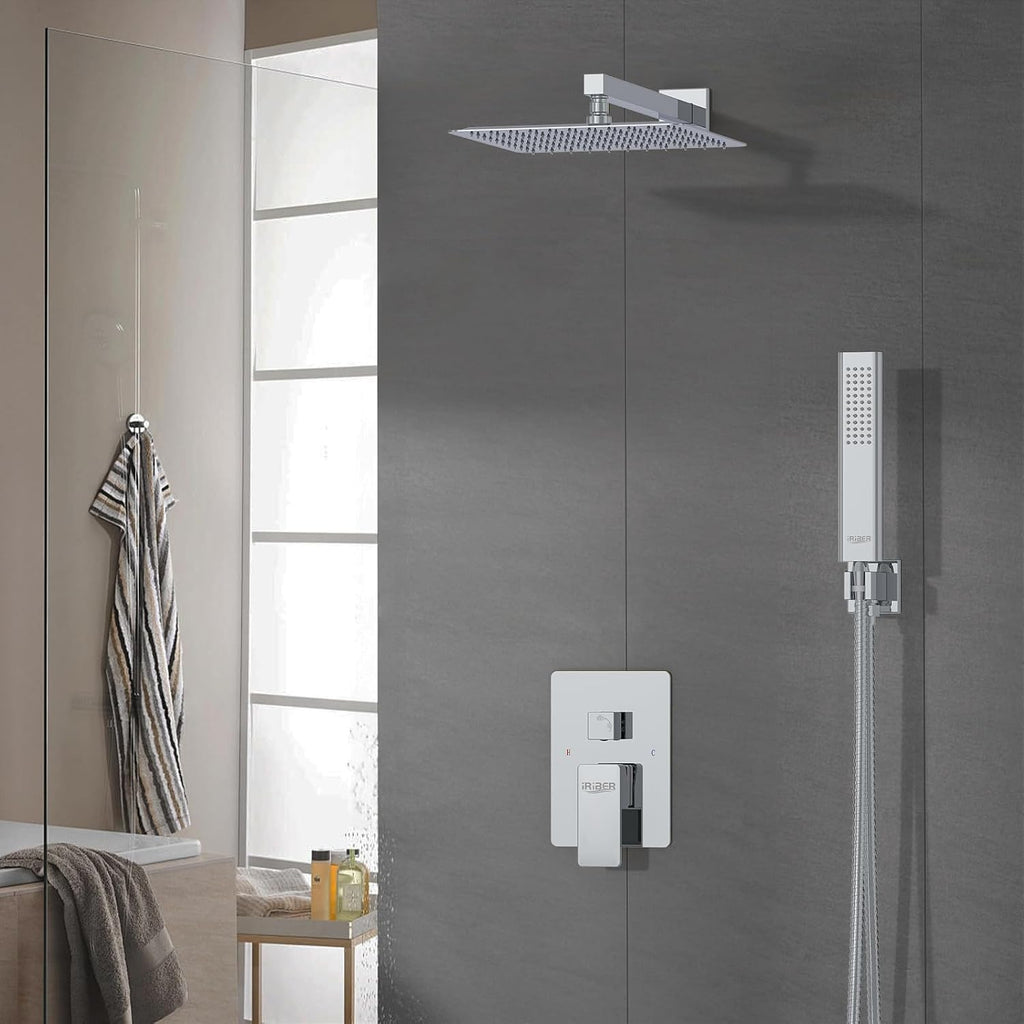 Iriber 12 Inch Bathroom Shower System Polish Chrome Wall Mounted Square Mixer Shower Faucet Combo Set with Hand Held Rough-in Valve Rainfall Shower and Trim