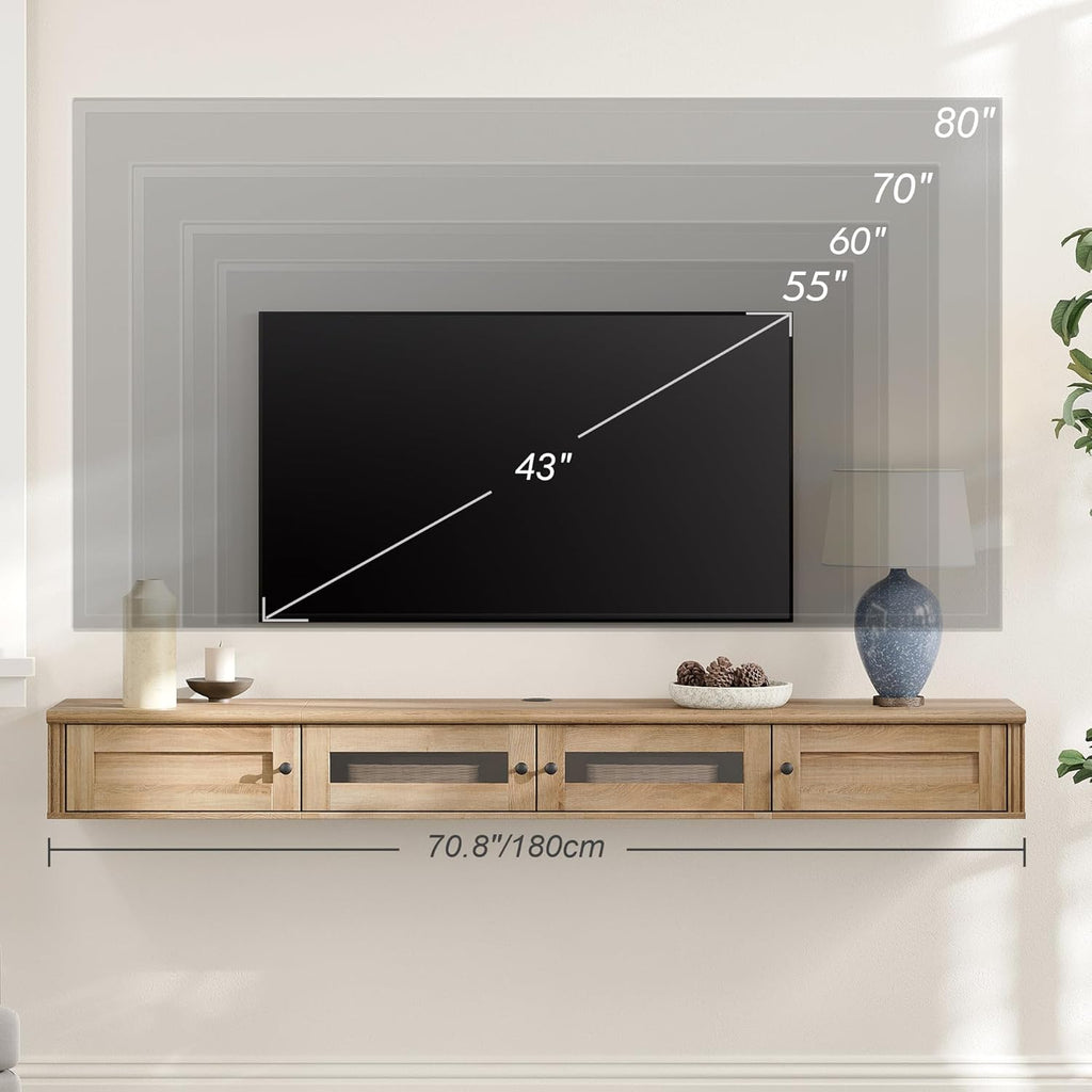 WAMPAT Floating TV Stand for TVs up to 80 Inches, Wooden Wall-Mounted TV Shelf with Charging Station, Modern Floating Entertainment Center for Living Room Decor, Oak