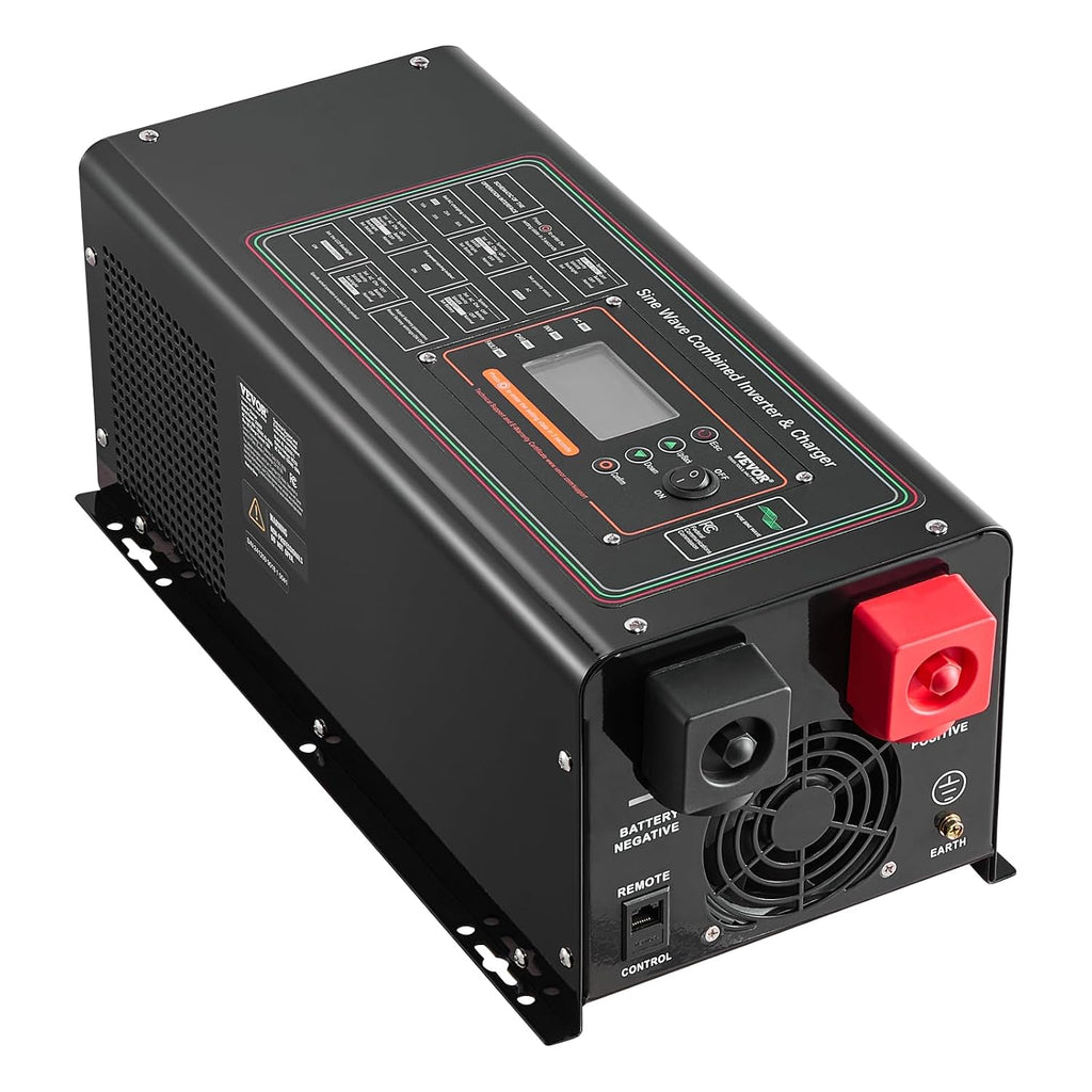 VEVOR Pure Sine Wave Inverter Charger, 2000 Watt, DC 12V to AC 120V, Battery Charger with LCD Display, Remote Control, Solar Inverter for Off-Grid Solar RV Boat Home, Compatible with Various Batteries