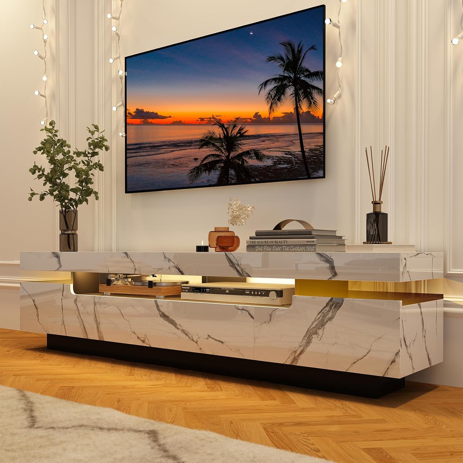 Uspeedy 70IN White TV Stand for 75/80 inch TV,Modern LED TV Stand for Living Room,High Gloss Entertainment Center with Storage Drawer,APP RGB Light,TV Console,Television Stands(Marbling)