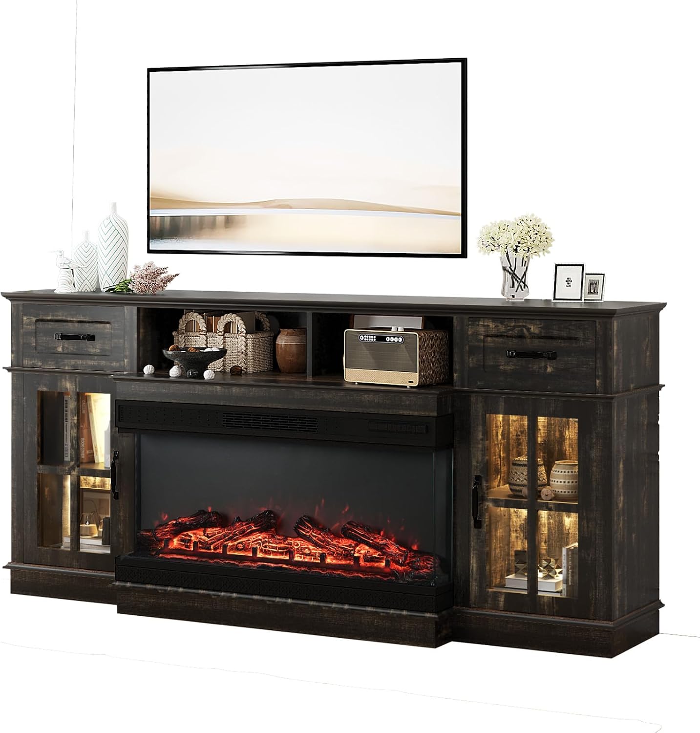 Bonnlo Fireplace TV Stand for up to 80'' TVs, Entertainment Center with 3-Sided Glass Electric Fireplace Heater, Glass Doors & Drawers, LED Media Console, Living Room, Dark Rustic Oak