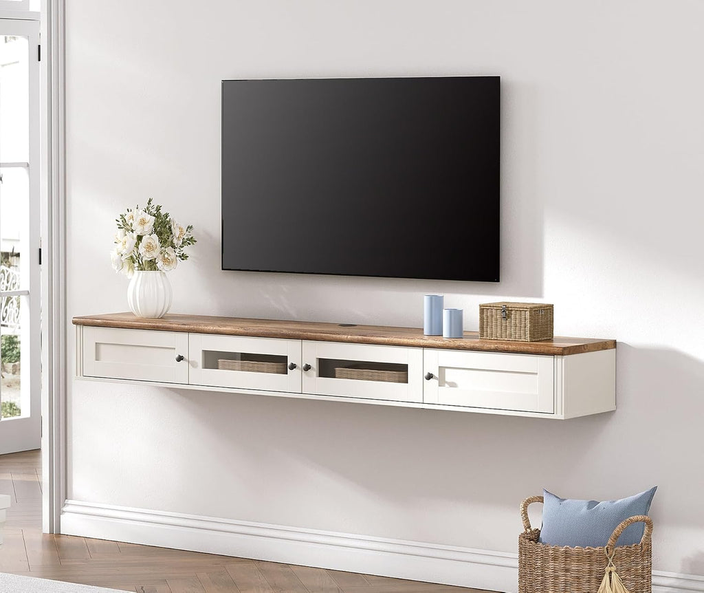 WAMPAT Floating TV Stand for TVs up to 80 Inches, Wooden Wall-Mounted TV Shelf with Charging Station, Modern Floating Entertainment Center for Living Room Decor, White