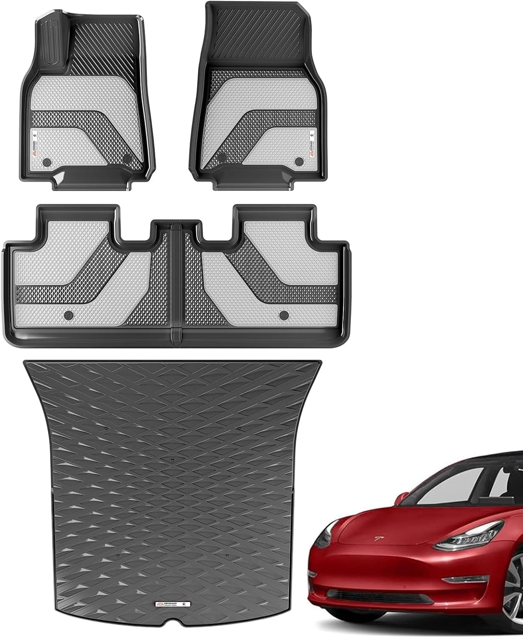 Coverado Floor Mats Full Set, Cargo Liners Compatible with Tesla Model Y 5 Seat 2024 2023 2022 2021 2020, All Weather TPE Cargo Liner Floor Liners, Trunk Floor Mat BlackGray Two-Tone