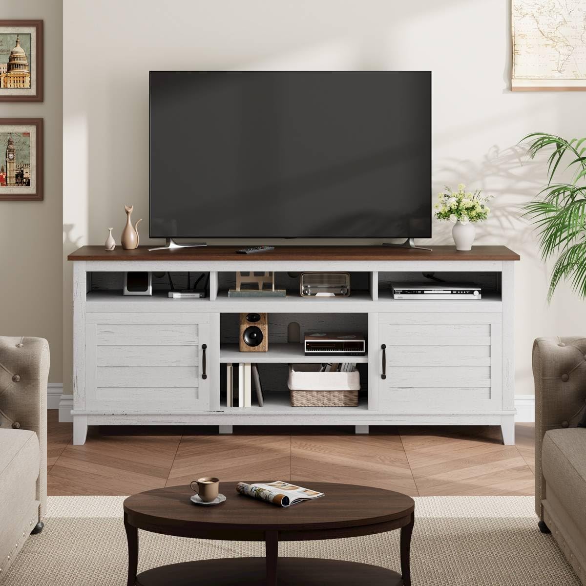 Garvee 70.9' TV Stand, Entertainment Center with Adjustable Shelves, Farmhouse TV Stand with Cabinet Doors,for Living Room, Bedroom