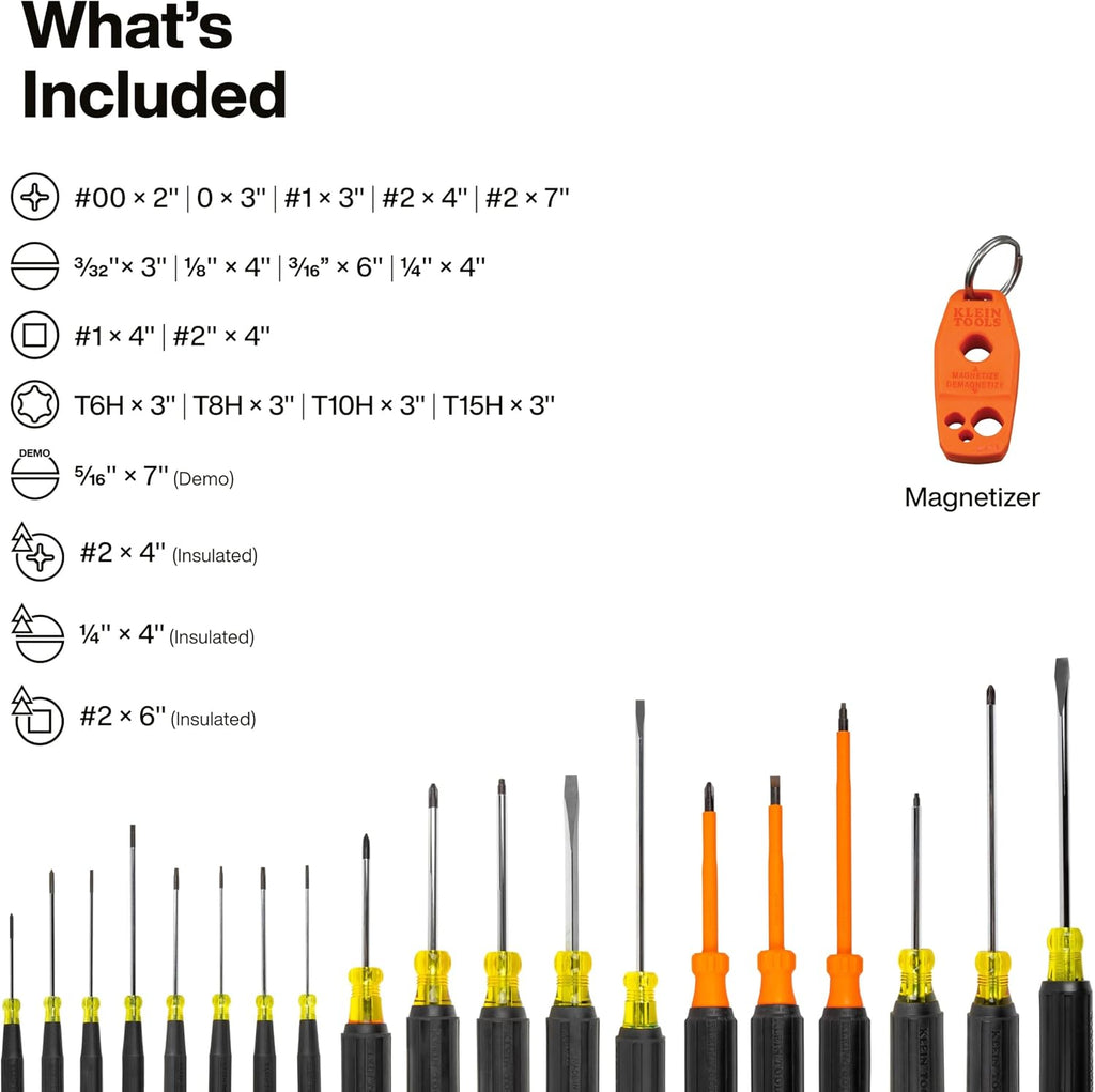 Klein Tools 85820 20-Piece Screwdriver Set, 8 Precision, 7 Standard Drivers with Color-Coded Handles, 3 Insulated Screwdrivers, 1 Demolition Driver, and Magnetizer