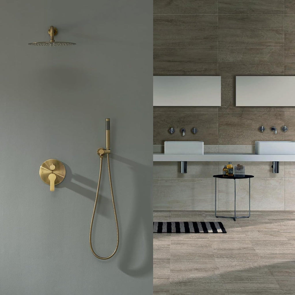 Iriber Brushed Gold Shower System Wall Mounted Shower Faucet Mixer Set with 12 Inches Rain Shower head and Handheld, Bathroom Modern Rainfall Shower Trim Kit (Contain Valve Cartridge)