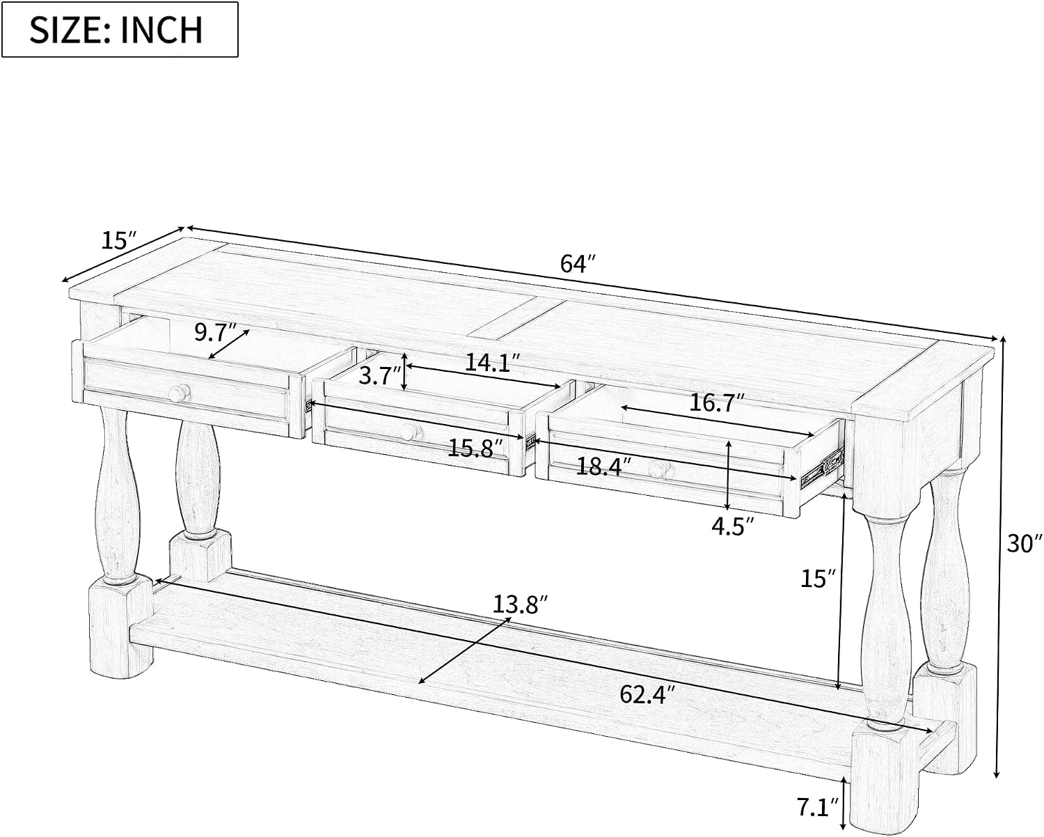 Merax Console Table, 64' Long Extra-Thick Entryway Table Sofa Table with 3 Drawers and Shelf for Entryway, Hallway, Living Room (Navy Blue)