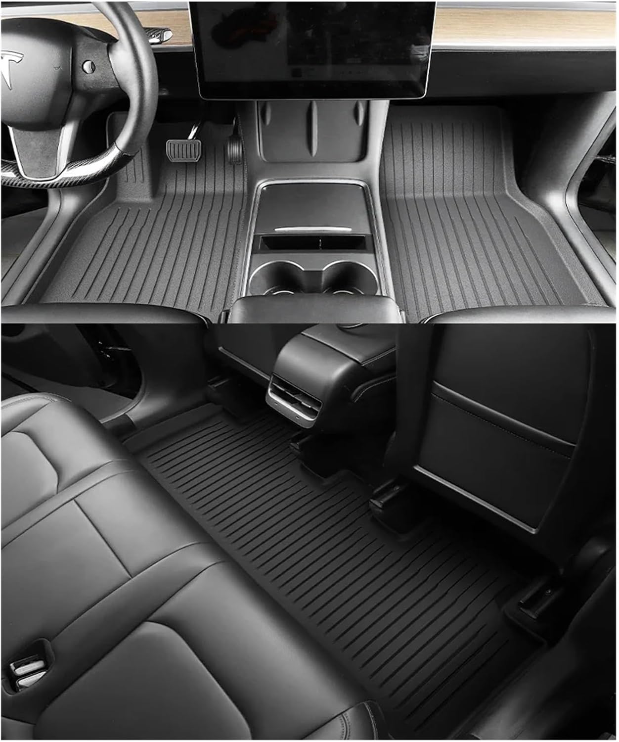 Compatible with Tesla Model Y 2021-2024 TPE 3D Car Floor Mats Cargo Liner Trunk Pad Set Waterproof All Weather Black(LHD 4PCS)