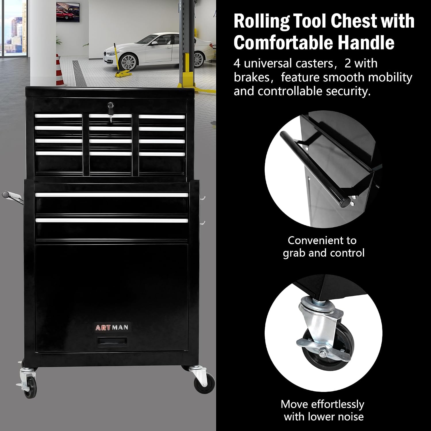 8-Drawer Tool Chest,Rolling Tool Box with Detachable Top Toolbox & Key Lock,Tool Cabinet with Universal Lockable Wheels,Lock Bar,Protective Liner,Metal Storage Cart for Garage,Workshop (Black)