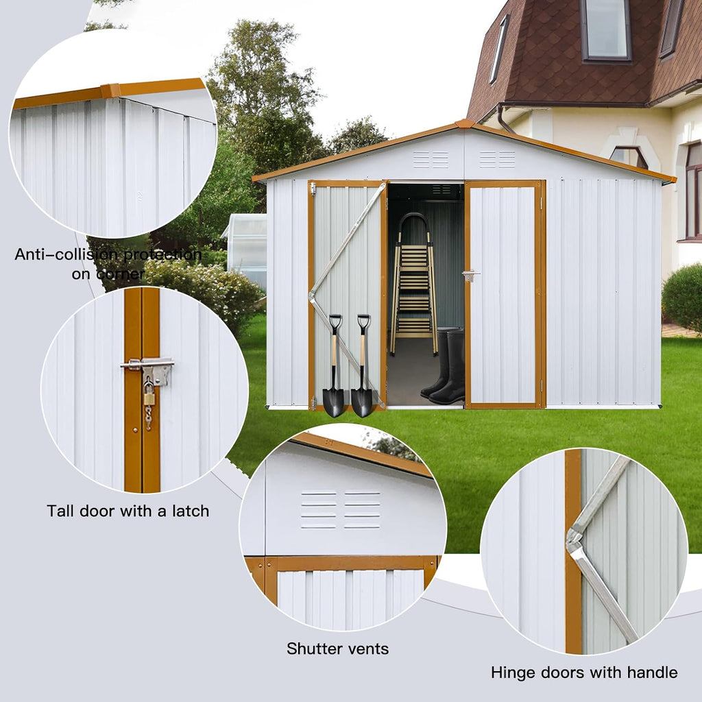 12' x 10' Metal Garden Storage Shed – Heavy-Duty Galvanized Steel with Roof, Hinged Door & Padlock | All-Weather Outdoor Shed with Punched Vents (Easy Assembly, Detailed Instructions) (White)