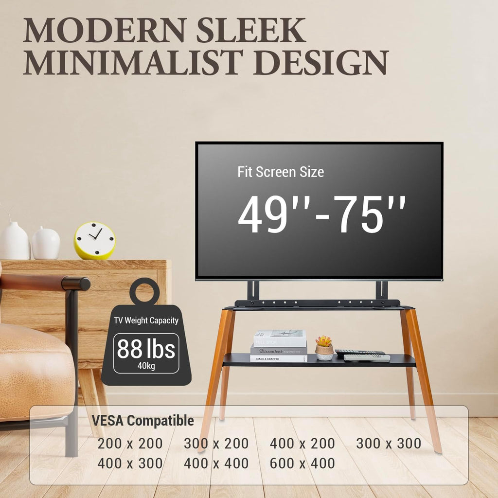 MyGift Modern TV Stand with Shelf for Flat Screens, Minimalist Metal and Beech Wood Television Mount Stand, Holds up to 75 Inches