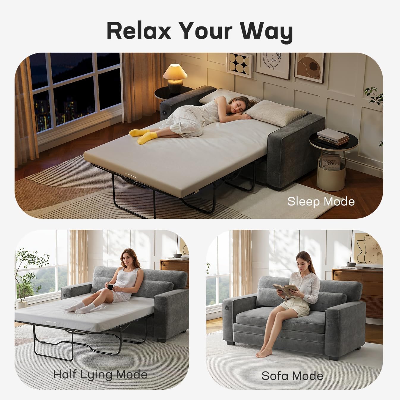 Marsail Pull Out Sofa Bed, Full Size Sleeper Sofa with Memory Foam Mattress, 2 USB Charging and Removable Covers, Loveseat for Living Room, Apartment, Supports 600 LBS, Chenille Fabric, Grey