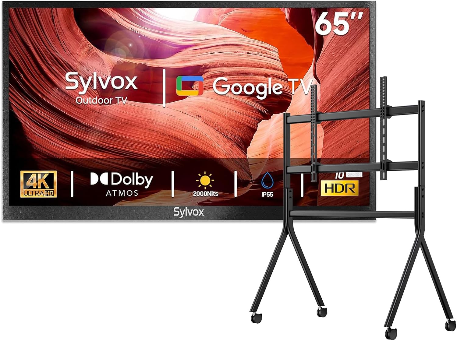 SYLVOX Outdoor TV with Rolling Stand, 65 inch 2000 Nit Full Sun Smart TVs, Sunlight Readable, IP56 Waterproof, 4K TV for Outdoor Households or Commercial Places