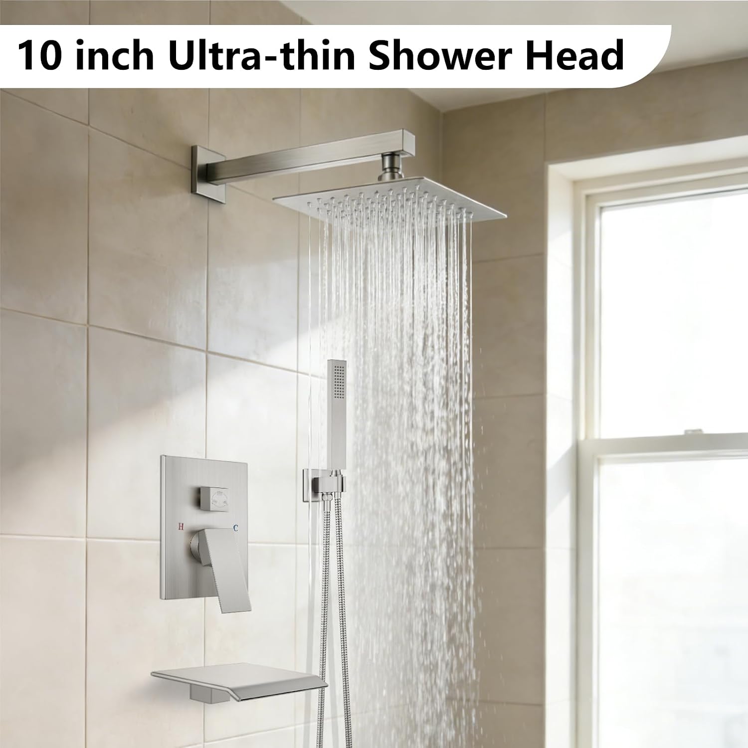 Midanya Shower System with Tub Spout,Bathtub Shower Faucet Set with Square Rainfall Head and Handheld Sprayer Wall Mount Tub Faucet Set with Valve and Trim Kit,10 Inch Brushed Nickel