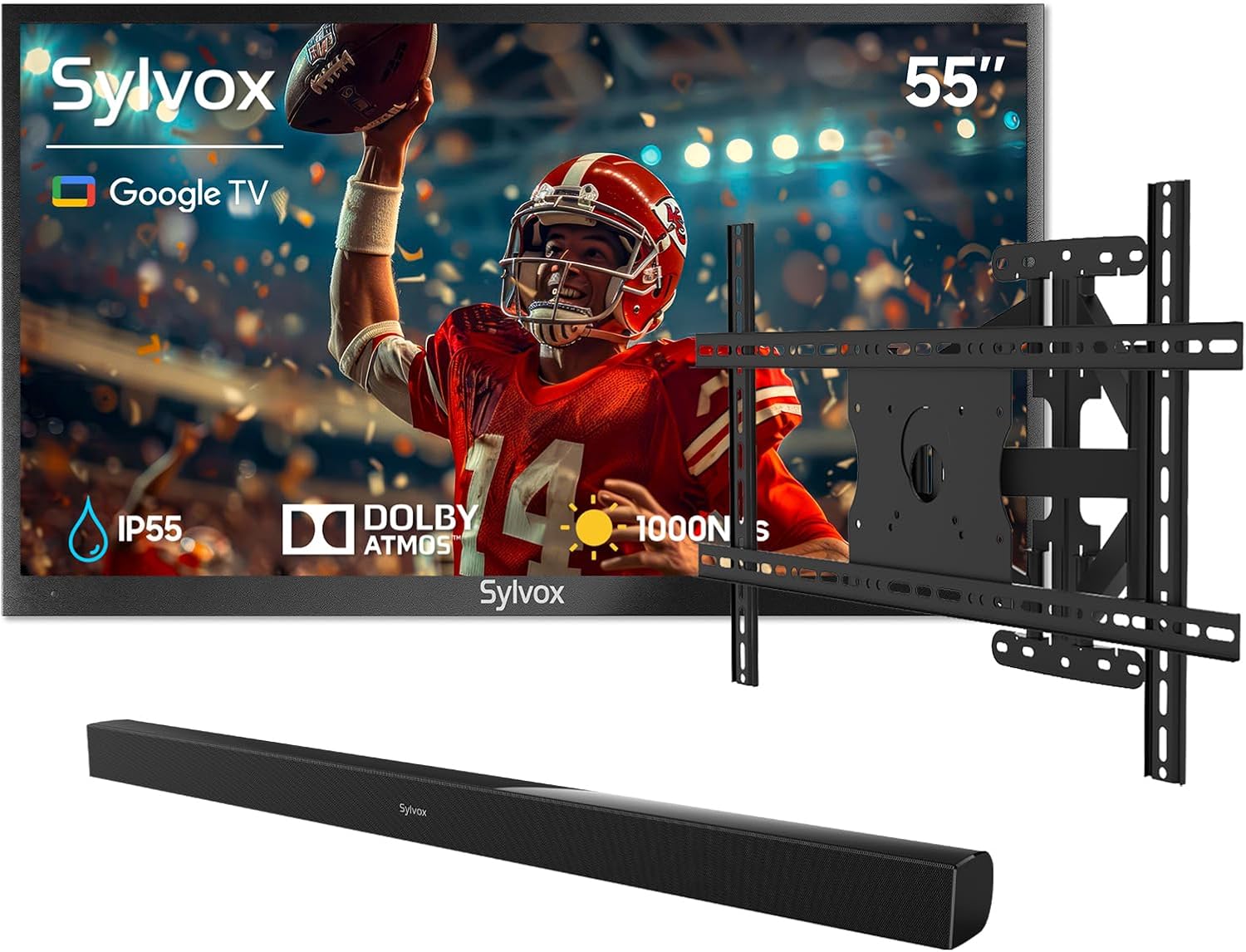 SYLVOX 55' Outdoor TV Bundle with Wall Mount & S2 Soundbar, 4K HDR Waterproof Smart TV (Deck Pro 3.0), 1000 Nits, Voice Remote, for Patio & Backyard