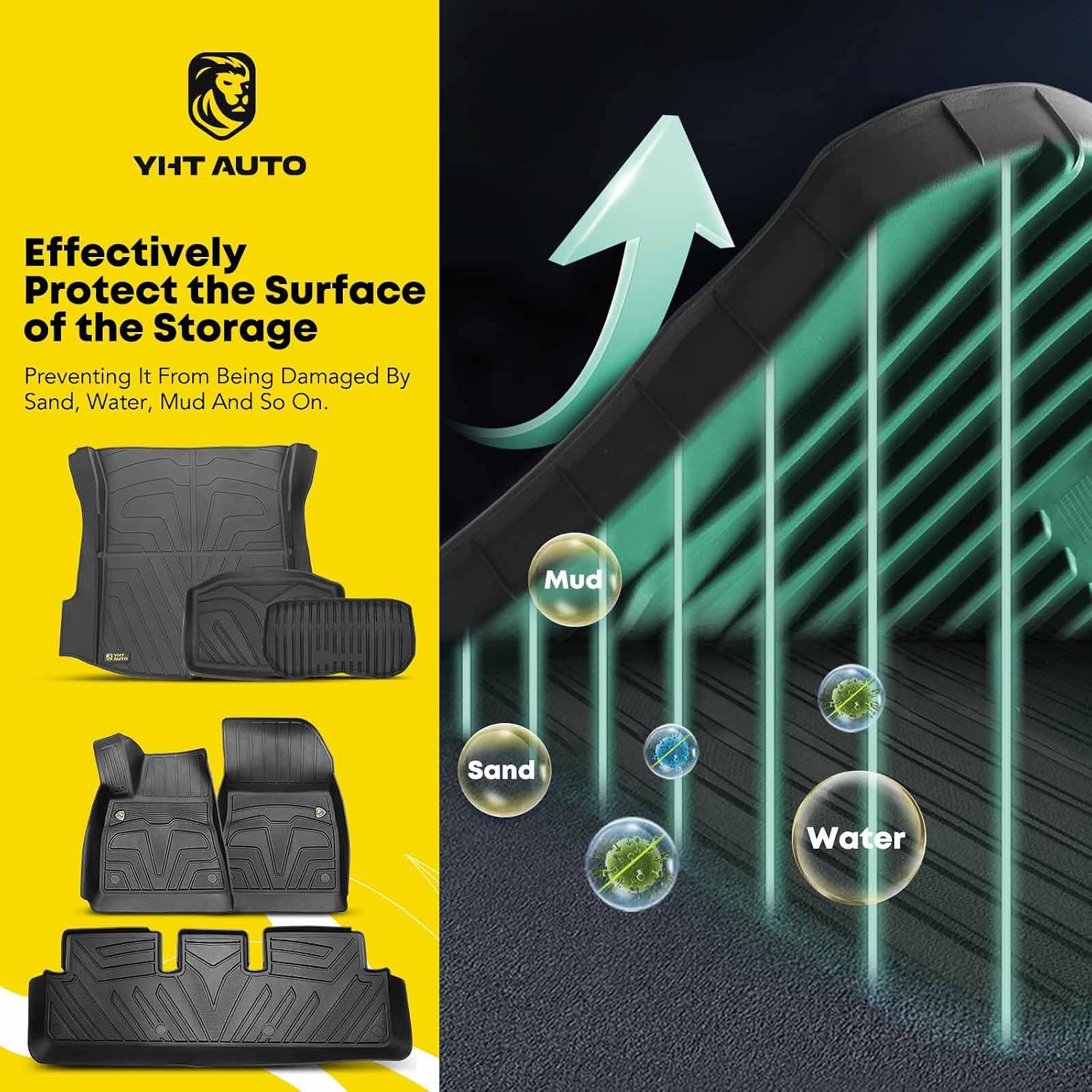 YHTAUTO Floor Mats & Trunk Mat Cargo Liner Full Set Compatible with Tesla Model 3 2021 2022 2023, All Weather Floor Mats TPE Trunk Cargo Storage Tray Mat, Waterproof & Orderless, Black, Set of 6