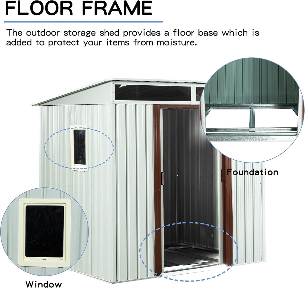 6.4 x 5ft Outdoor Storage Shed,Steel Garden Tool Shed with Floor Frame & Double Lockable Doors,Metal Outdoor Storage Clearance for Backyard Patio Lawn (White-Side Window)