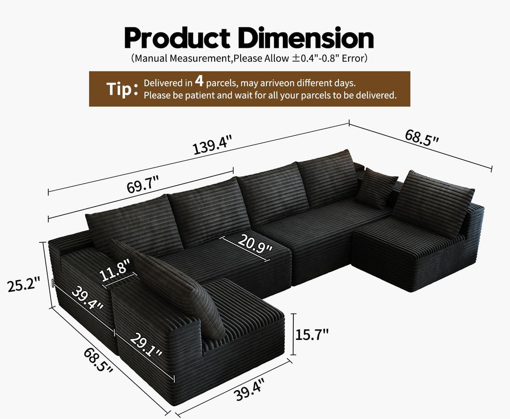139.4' Modular Sectional Sofa, U-Shaped Minimalist Couches with 2 Middle Seats, Modern Deep Seat Convertible Sleeper Sofa Bed,Cloud Plush Corduroy Fabric, No Assembly Required, 6 Seater, Black