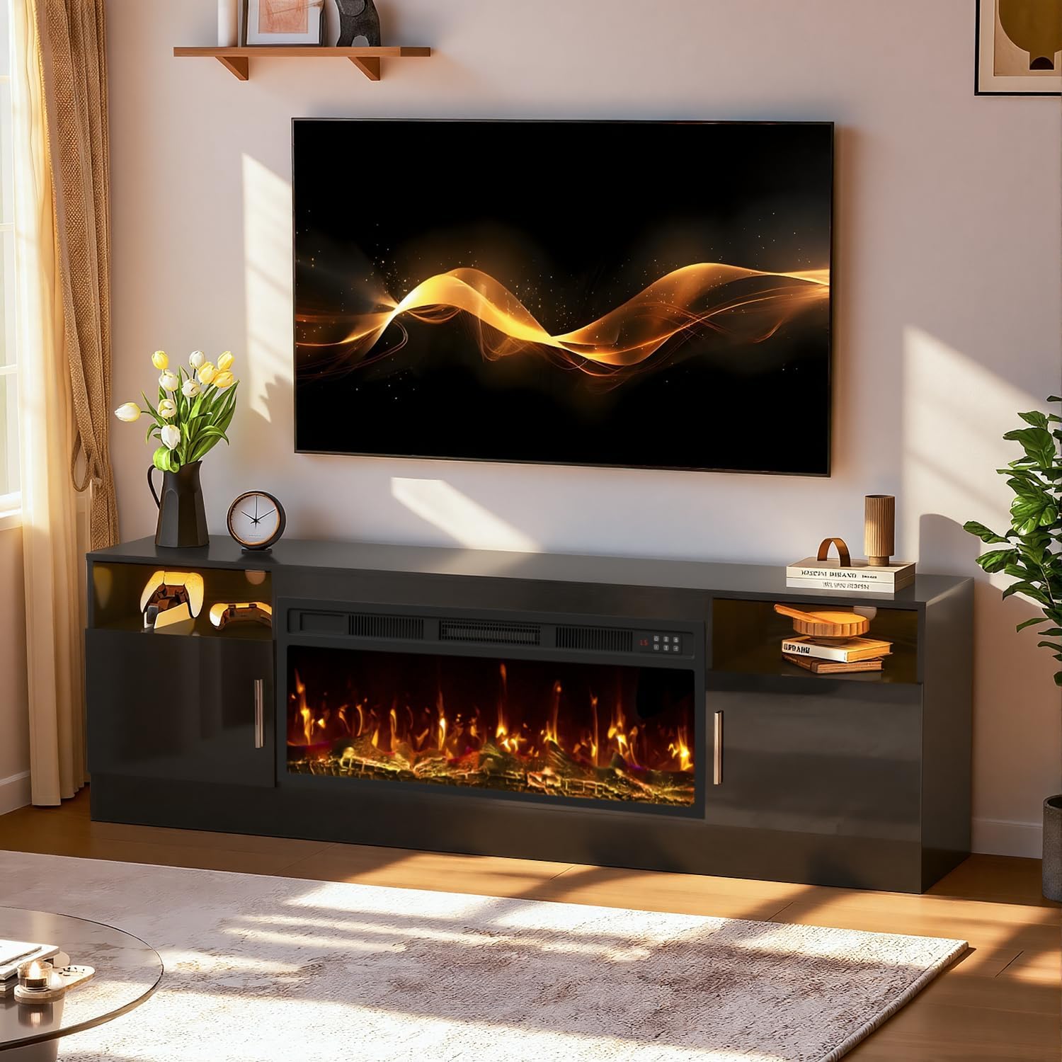 TV Stand with Fireplace, 36' Fireplace TV Stand LED Entertainment Center with Fireplace, 70 Inch Modern Electric Fireplace TV Stand for Living Room, Black TV Stand with Fireplace Up to 80' TVs