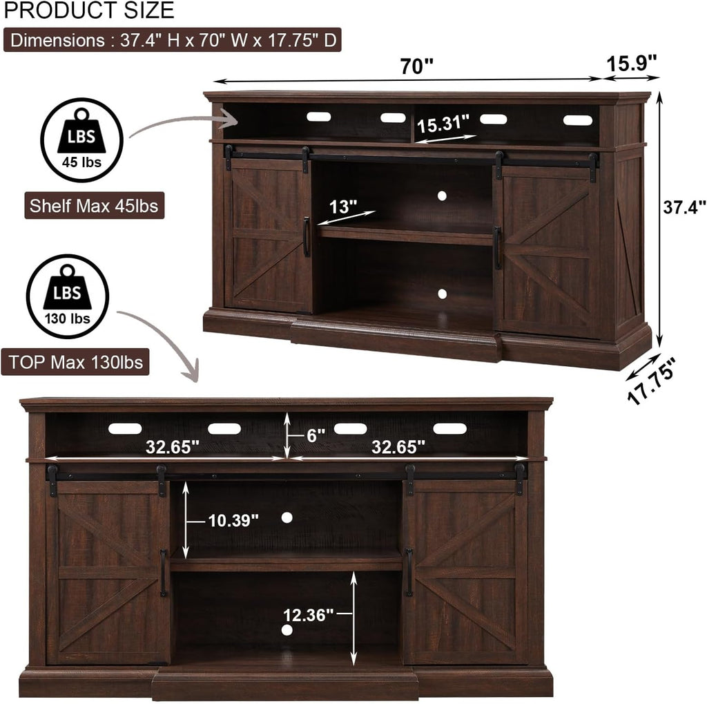 Farmhouse TV Stand for 80 Inch TVs, 37.4'Tall Entertainment Center w/Storage Cabinets and Sliding Barn Door, Media Console Cabinet w/Soundbar & Adjustable Shelves for Living Room, 70 inch (Brown)