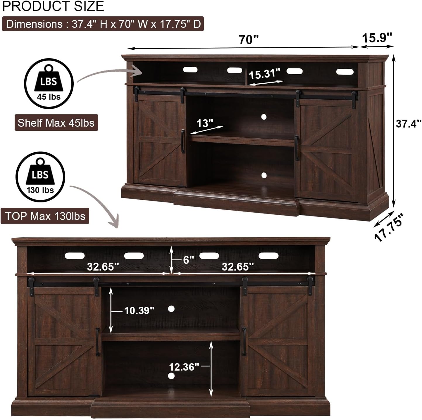 Farmhouse TV Stand for 80 Inch TVs, 37.4'Tall Entertainment Center w/Storage Cabinets and Sliding Barn Door, Media Console Cabinet w/Soundbar & Adjustable Shelves for Living Room, 70 inch (Brown)