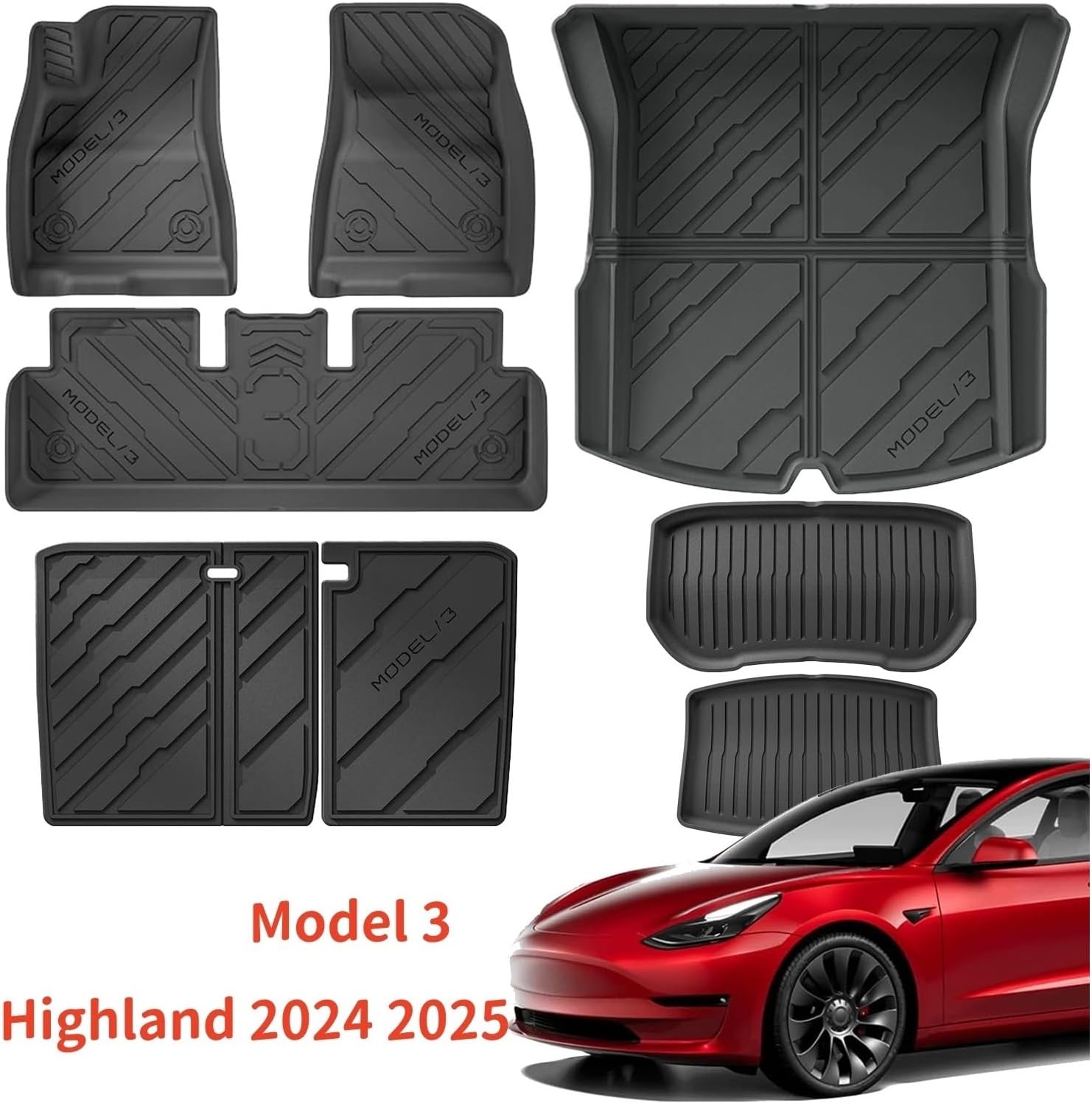 Compatible with Tesla Model 3 Highland 2024 2025+ TPE Floor Mats & Cargo Liner, 3D Cyber Style Waterproof Anti-Slip Trunk Mat Backrest Mats(8PCS LHD Set)