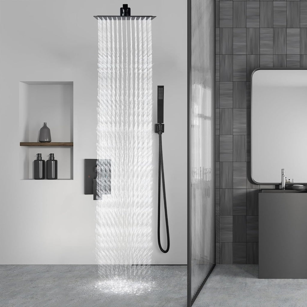 Aolemi Shower Faucet Set Rain Shower System with Handheld Spray Bathroom Shower Combo Rough-in Valve and Shower Trim Kit Included Matte Black 12 Inch Wall Mount Shower Head