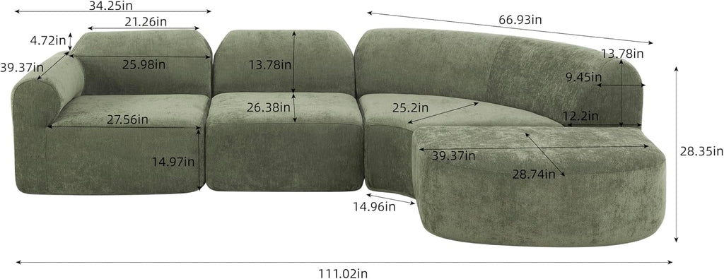 Christopher Knight Home Midel 111' Modular L-Shape Sofa Couch with Chaise Lounge, Modern Boneless Sofa for Living Room, Fabric Upholstered Cloud Couch with Deep Seat, Olive Green
