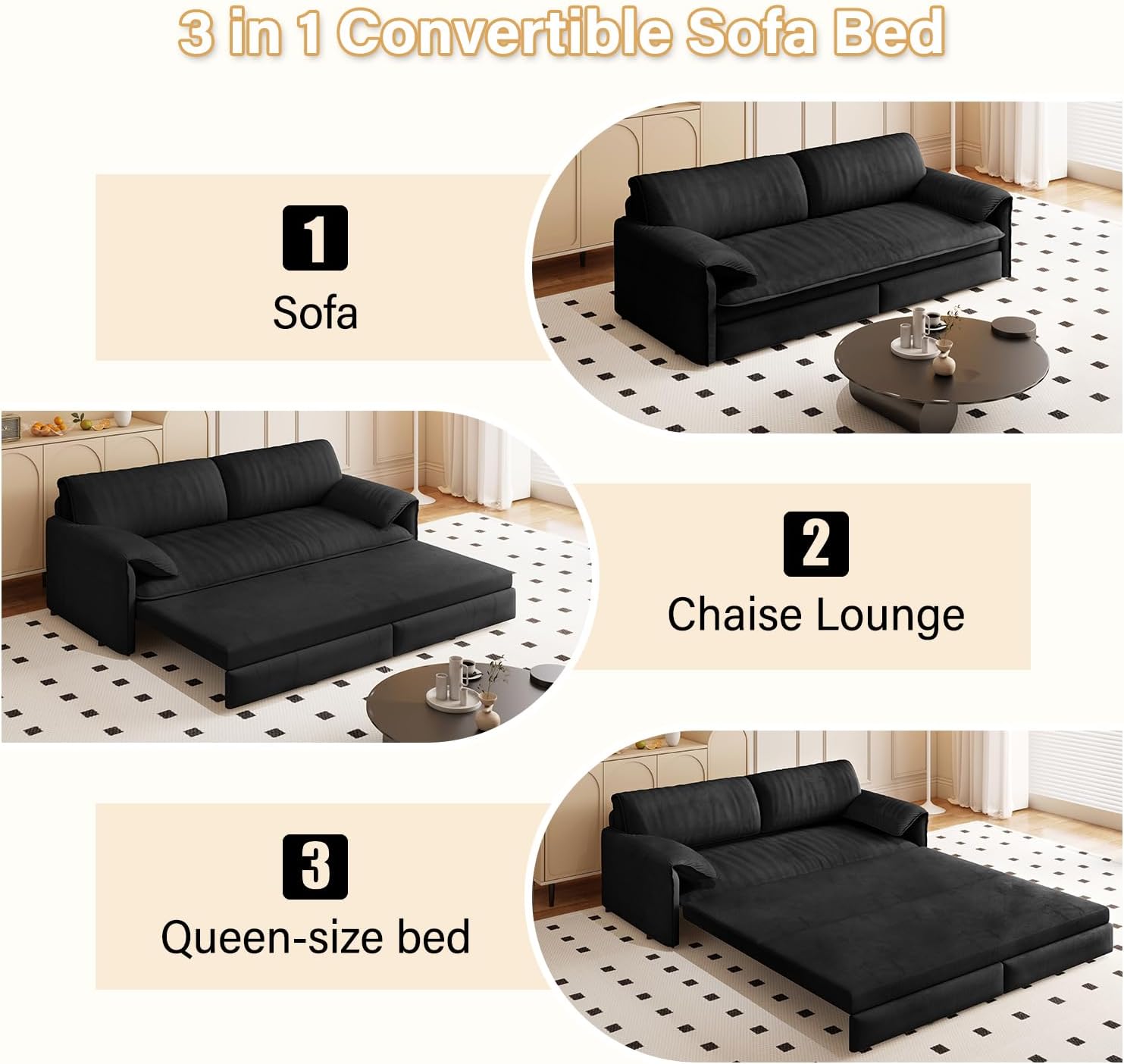 66'' Velvet Queen Size Pull Out Sofa Bed, 3-in-1 Convertible Loveseat Sleeper Sofa with Armrest for Living Room, Apartment, Space Saving, Black