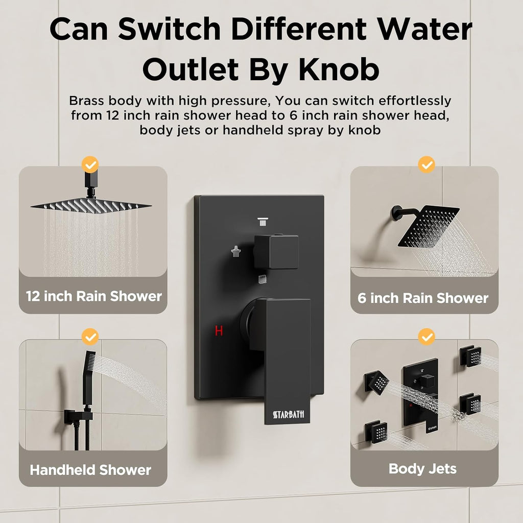Shower Systems with Body Jets, STARBATH 4 Way 12+6' Rainfall Shower Head with Handheld Spray Combo, Ceiling Mounted Shower Jets System in Wall Shower Faucet Sets Complete, Matte Black