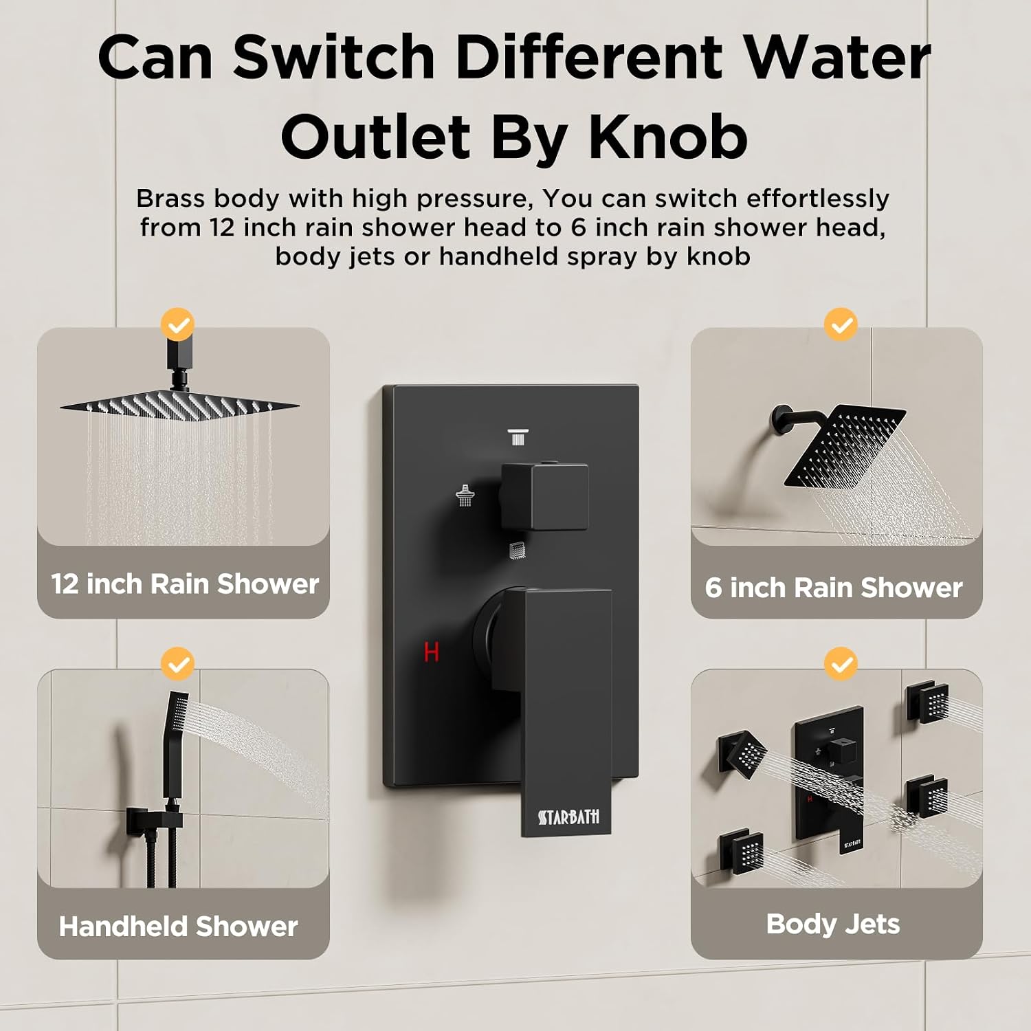 Shower Systems with Body Jets, STARBATH 4 Way 12+6' Rainfall Shower Head with Handheld Spray Combo, Ceiling Mounted Shower Jets System in Wall Shower Faucet Sets Complete, Matte Black