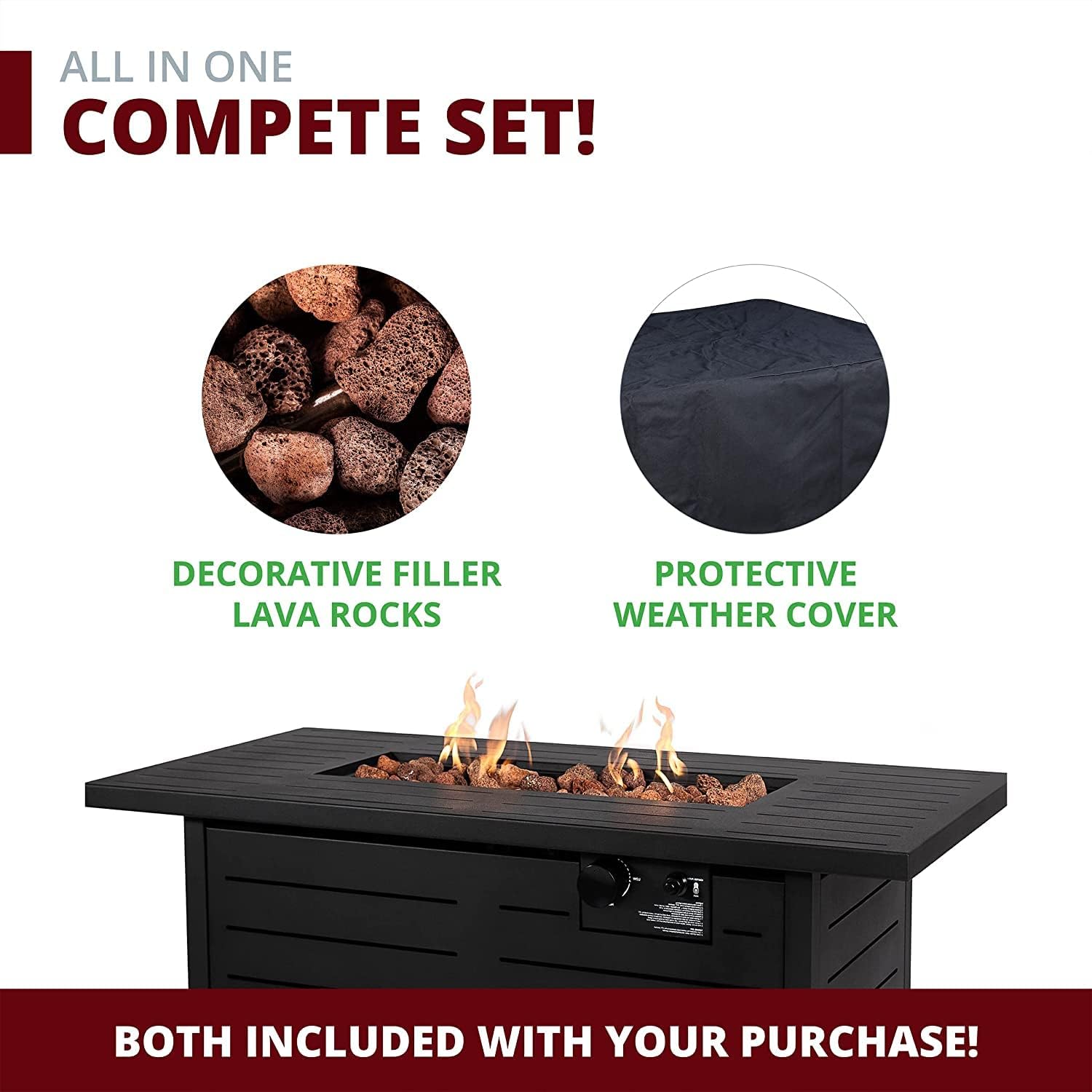 42' Outdoor Propane Fire Pit Table, Patio Rectangular Gas Fire Pit 2 in 1 Coffee Table with Firepit, 50,000 BTU, Waterproof Cover, Powder-Coated Stainless Steel with Lava Rock, CSA Certified