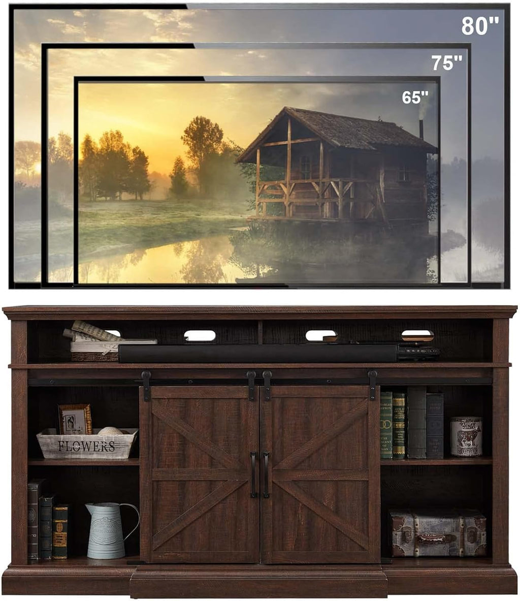 Farmhouse TV Stand for 80 Inch TVs, 37.4'Tall Entertainment Center w/Storage Cabinets and Sliding Barn Door, Media Console Cabinet w/Soundbar & Adjustable Shelves for Living Room, 70 inch (Brown)