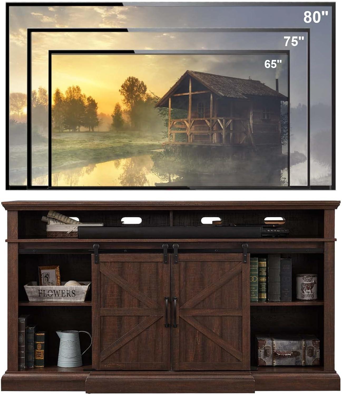 Farmhouse TV Stand for 80 Inch TVs, 37.4'Tall Entertainment Center w/Storage Cabinets and Sliding Barn Door, Media Console Cabinet w/Soundbar & Adjustable Shelves for Living Room, 70 inch (Brown)