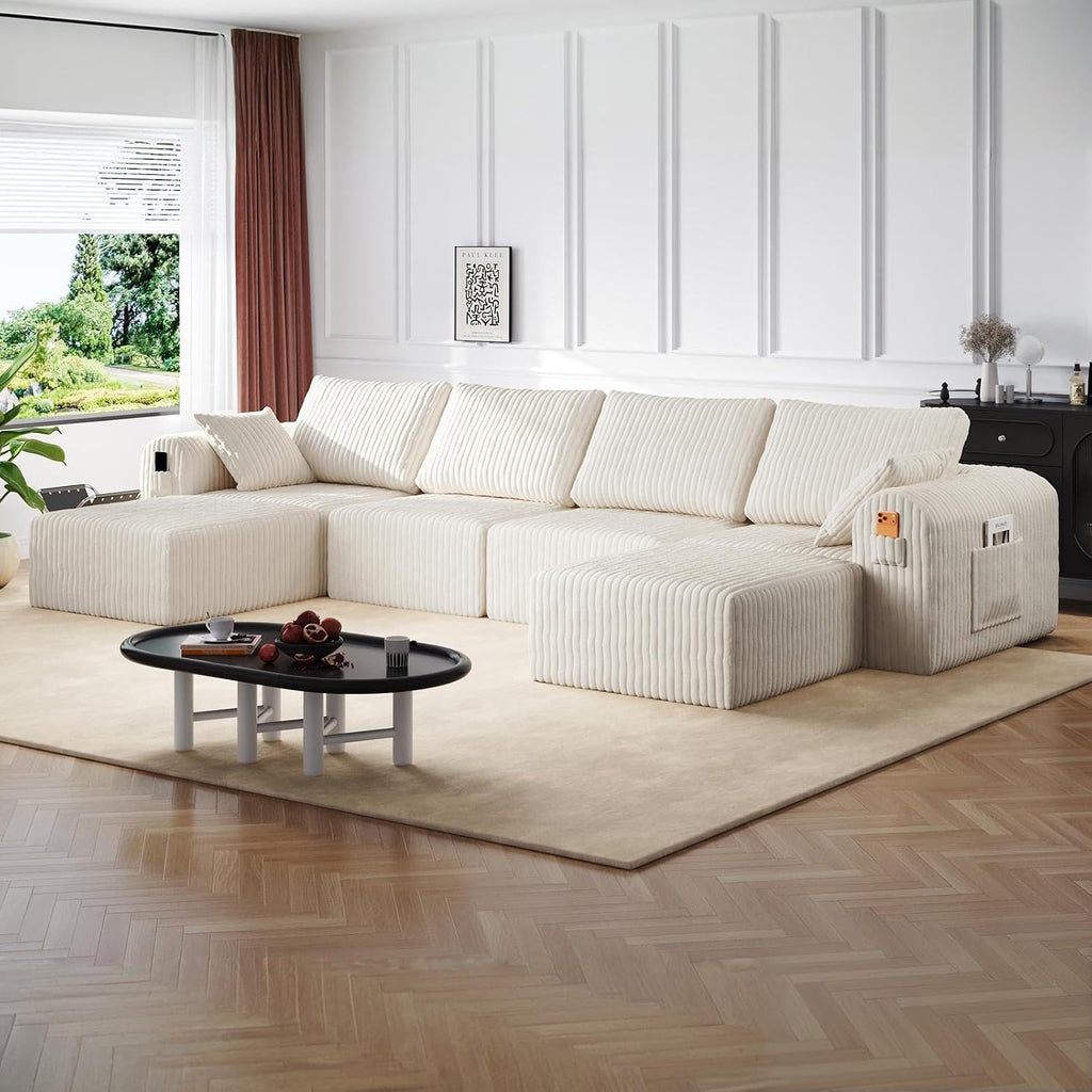 Modular Sectional Sofa, Boneless Couches for Living Room, L-Shape Sofa Couches,Cloud Couch Sectional, Comfy Corduroy Sofa, with Deep Seat, No Assembly Required (Beige, 4 Seater + 2 Ottoman)