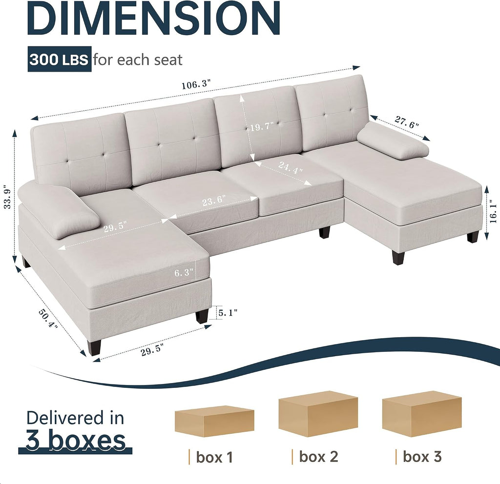 Sectional Couches for Living Room, U Shaped Couch with Linen Fabric, 4 Seat Sofa with Removable Pillows for Apartment and Small Space, White