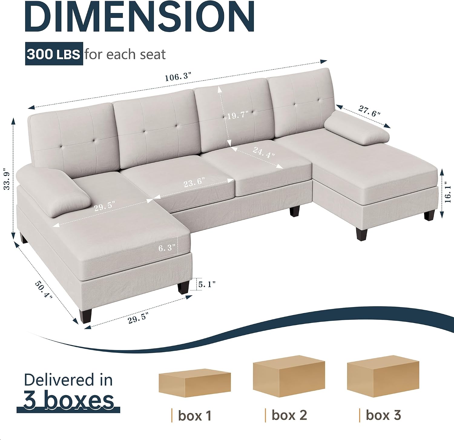 Sectional Couches for Living Room, U Shaped Couch with Linen Fabric, 4 Seat Sofa with Removable Pillows for Apartment and Small Space, White