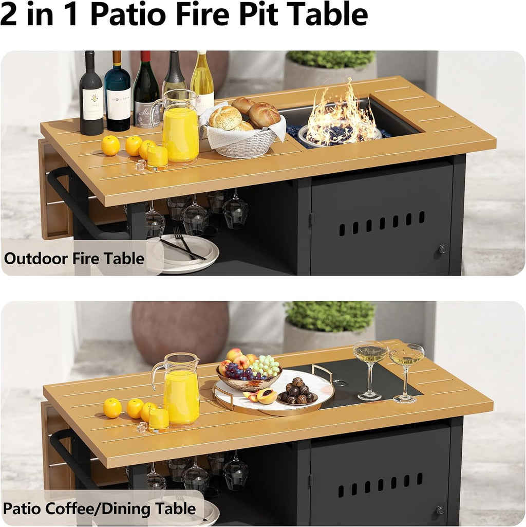 44' Propane Fire Pit, Gas Fire Pits for Outside Patio with Cover, Moveable Outdoor Storage Cabinet with Handle/Wine Guard, BBQ Grill Cart for Patio with Extendable Tabletop for Deck, Black