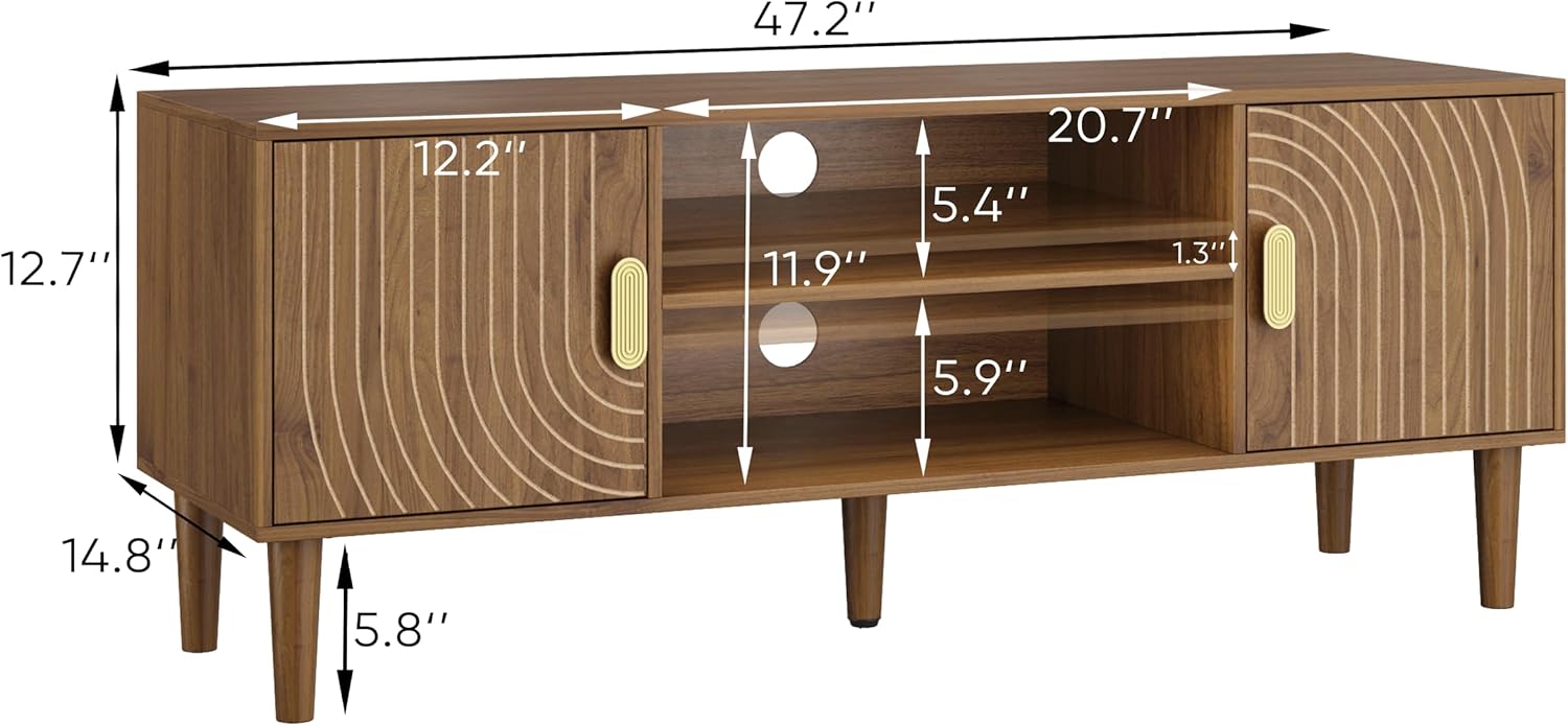 Smuxee Walnut TV Stand with Line Groove Design, 47.2' Mid Century Modern TV Media Console for TVs up to 55', TV Cabinet with Adjustable Shelf & 2 Cabinets for Living Room
