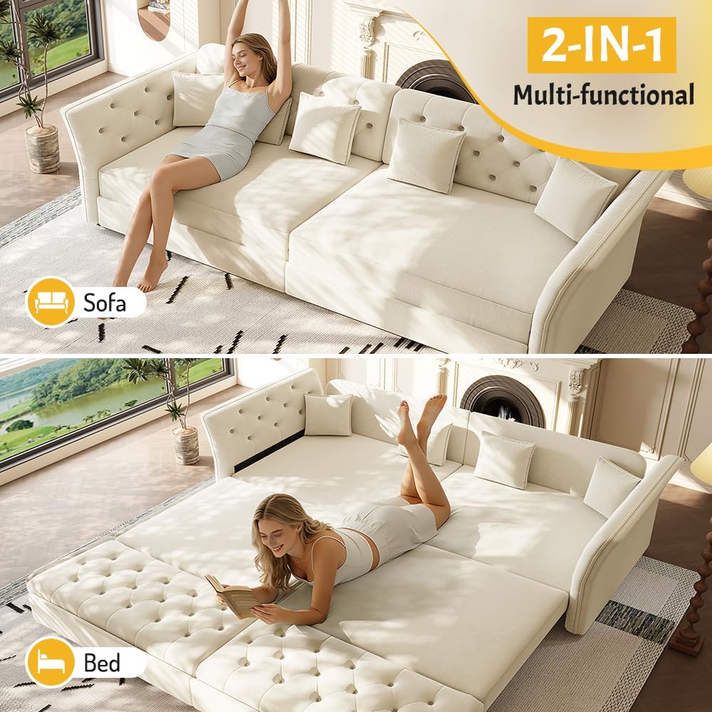 100' King Size Sleeper Sofa Bed, 3-in-1 Convertible Pull Out Chesterfield Sleeper Couch, Oversized Velvet Flower Button Tufted 4-Seat Sofa for Living Room Apartment (Beige White)