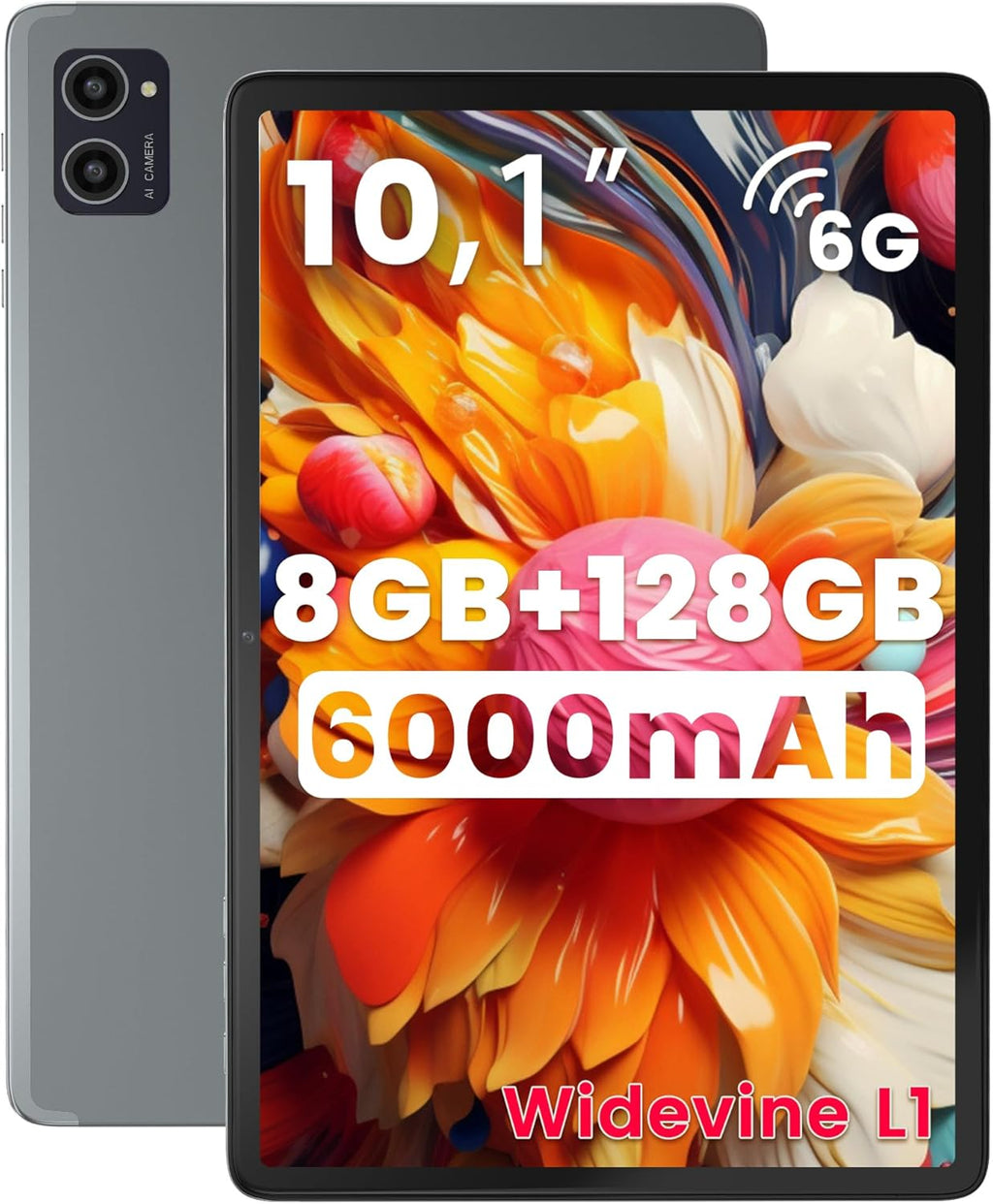 Azeyou Android 14 Tablet, 8GB RAM 128GB ROM 1TB TF, 10.1'' IPS Touchscreen 10H Battery, Dual Camera, Wi-Fi 6, Slim, Light, 2 Year Warranty(Metal Gray)