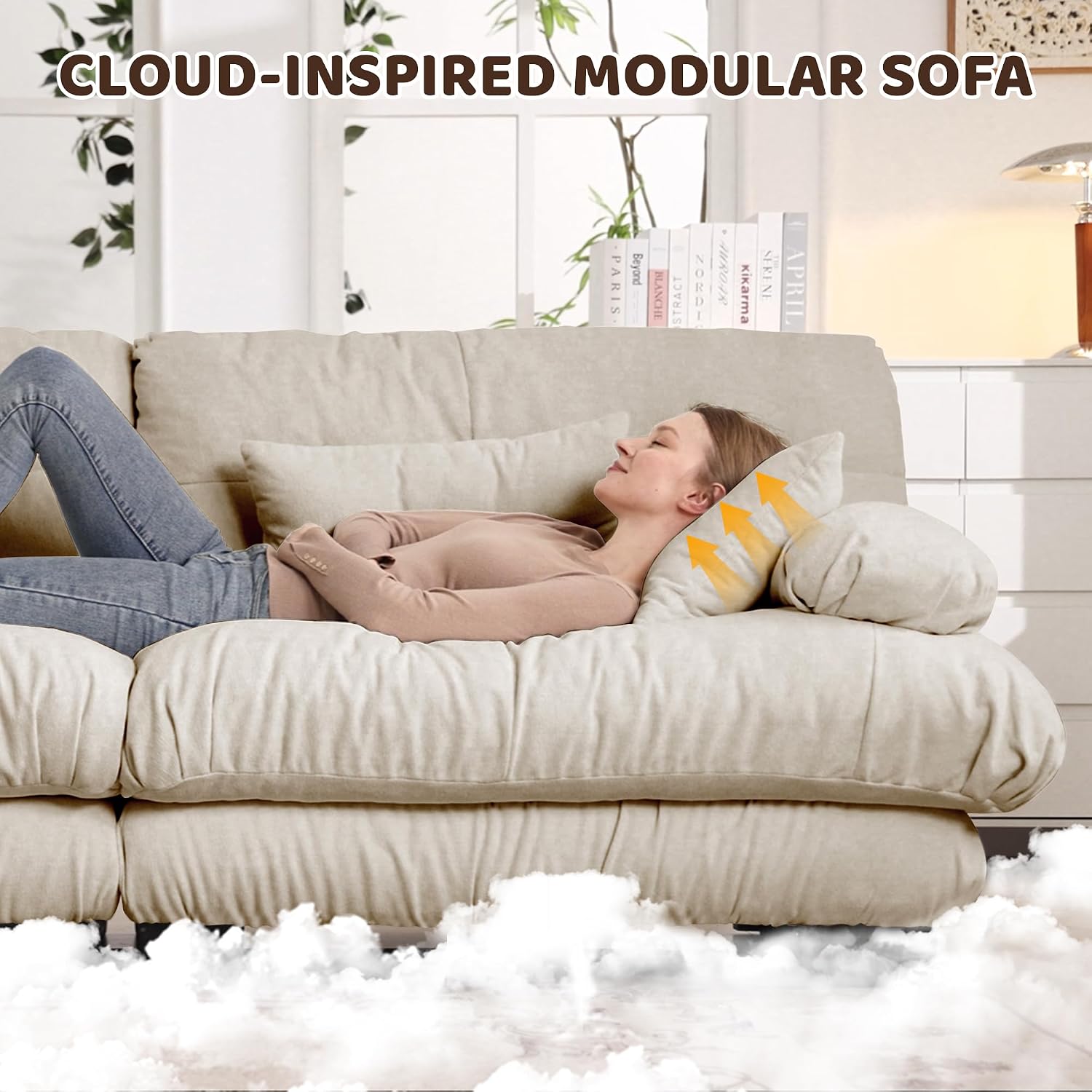 Modular Sectional Sofa, L Shaped Couch with Ottoman, 2 Seater Cloud Couch Small Couches for Small Spaces, Modern Deep Seat Sofa Living Room Oversized Loveseat W/Bolster Armrests 4 Pillows