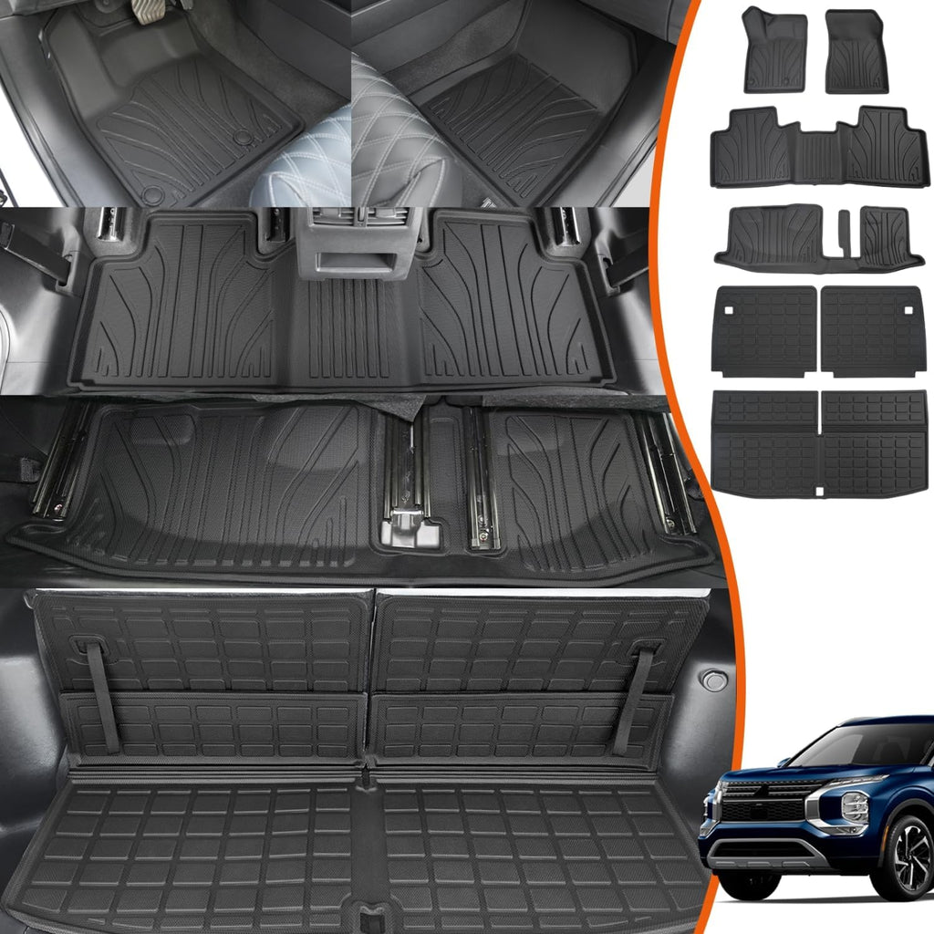 xipoqix Floor Mats Cargo Mat Backrest Mats Compatible with 22-25 Mitsubishi Outlander 7 Seat Cargo Liner Replacement for 22-25 Mitsubishi Outlander Accessories (Trunk Mat+Backrest Mats+Floor Mats)