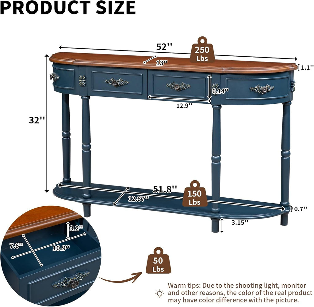 Retro Curved Console Table, 52' Half Moon Sofa Entryway With 2 Drawers 1 Open Shelf, Solid Pine Legs for Living Room, Hallway, Navy Blue