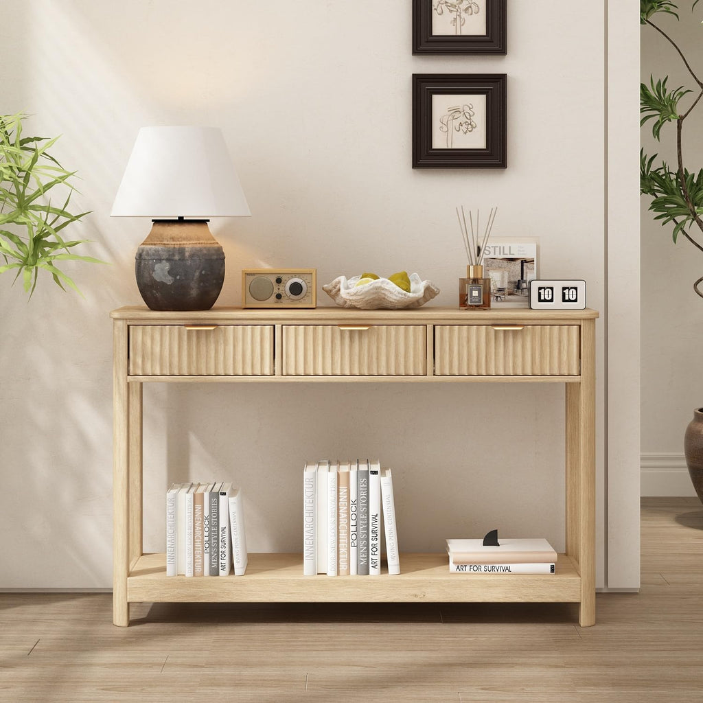 RUSTOWN Fluted Wood Console Table with 3 Drawers, Boho Narrow Behind Couch Entryway Table with Open Storage Shelf, Modern Sofa Table for Living Room, Foyer and Hallway (Natural Wood)