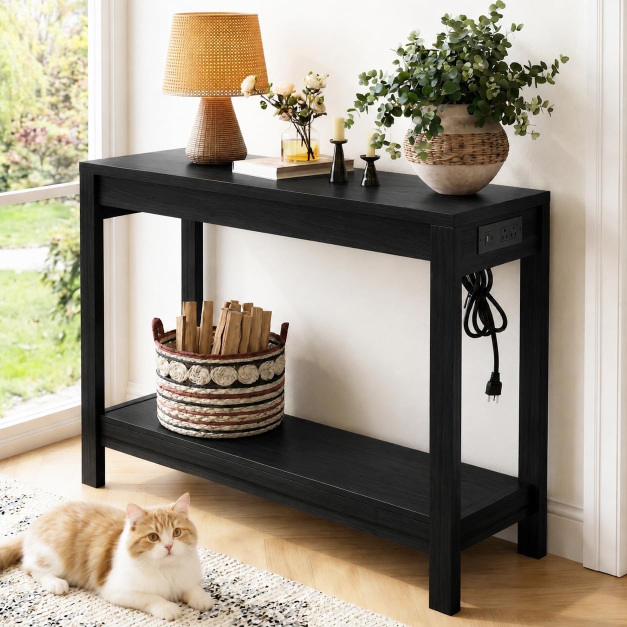 47' Entryway Table, Narrow Console Sofa Table, with Outlets and USB-C Port, Entryway Table with Open Storage, for Living Room, Hallway, Entryway, Foyer, Kitchen Counter, Black